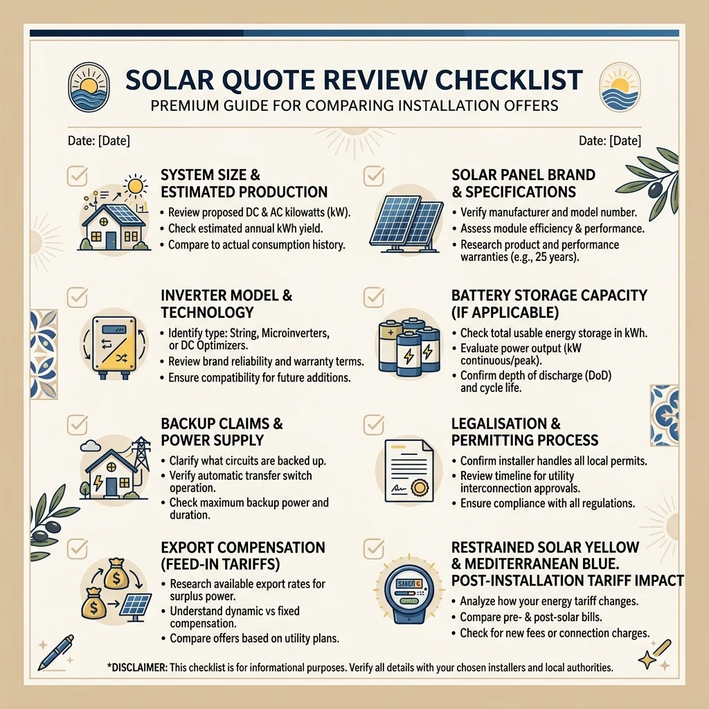 Solar quote review checklist showing the main items to check before accepting a solar installation quote