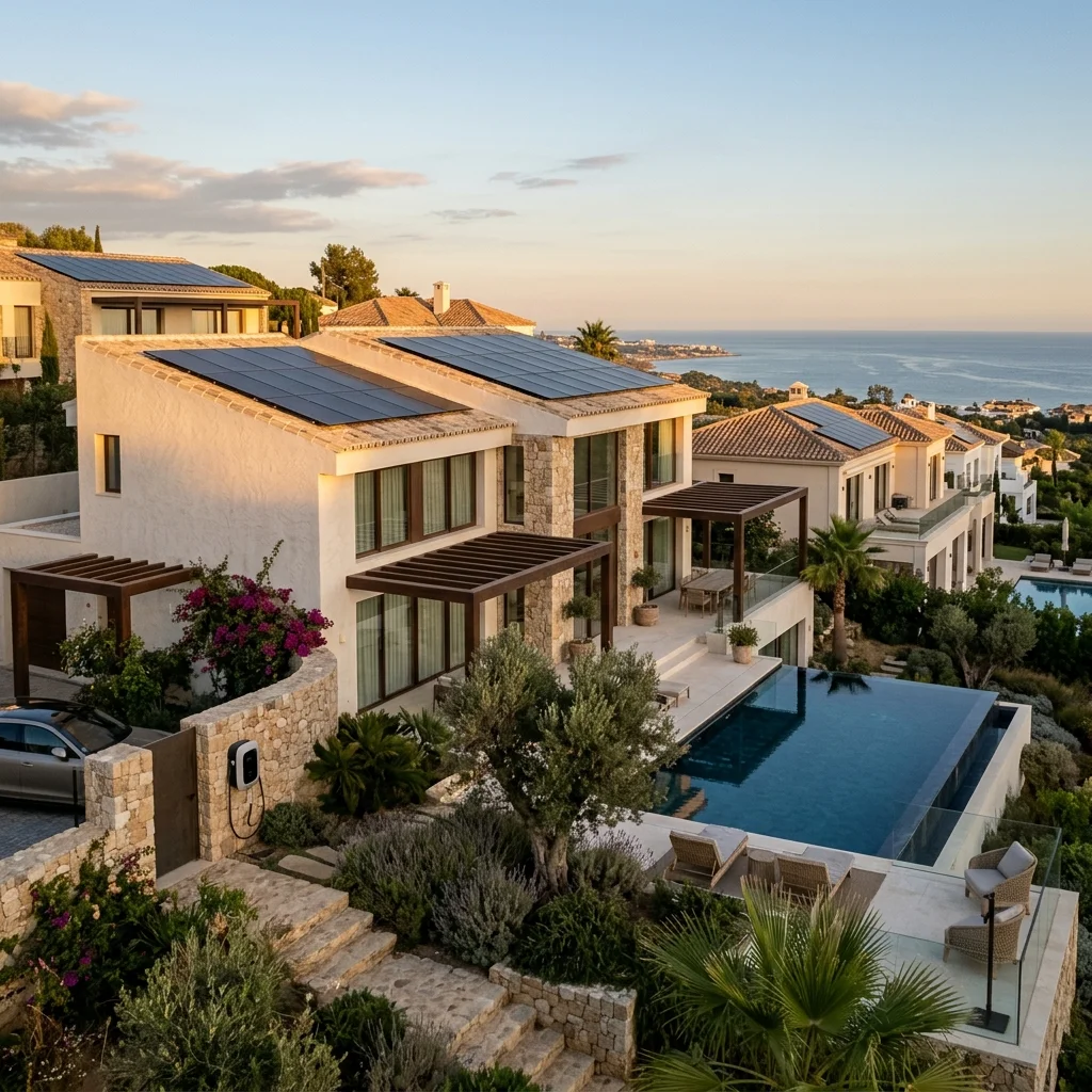 Solar panels on a Mediterranean villa with a pool in Spain