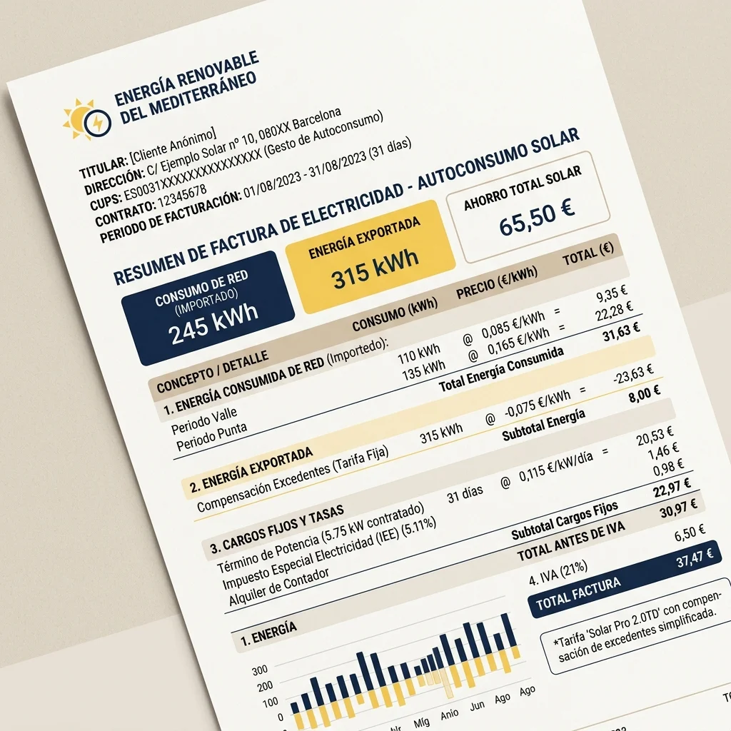 Anonymised Spanish electricity bill mockup showing solar export compensation and tariff charges